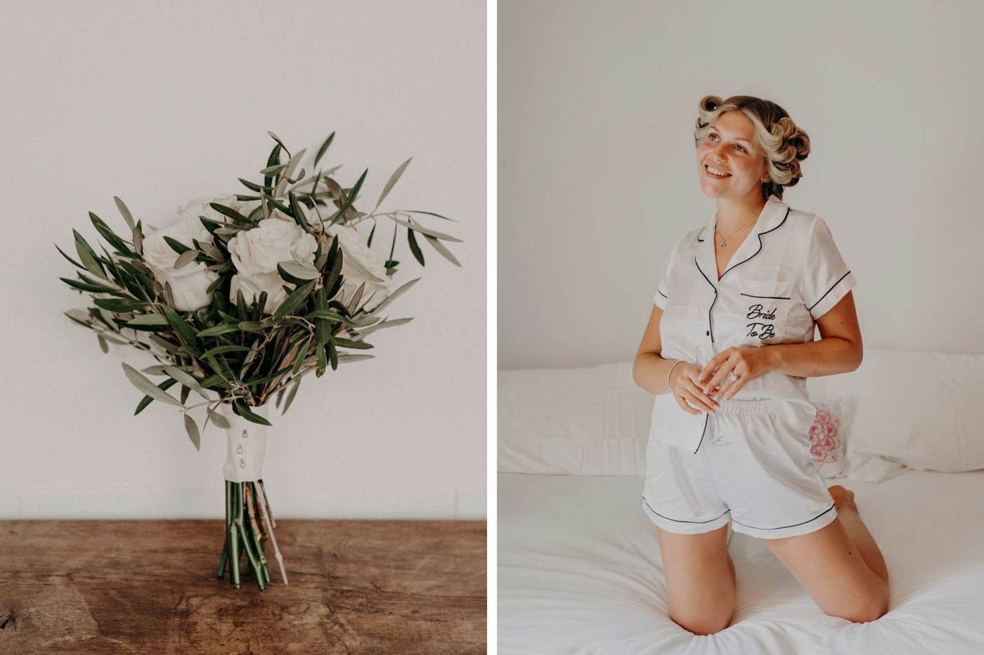 A modern wedding bouquet of white peonies with olive leaves next to a portrait of happy bride in white robe.