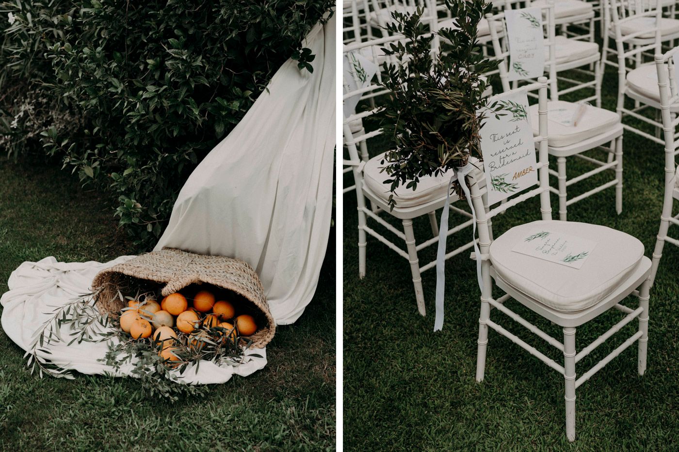 White wooden chairs arranged on grass lawn next to a bundle of bread loaves wrapped in linen at an outdoor event.