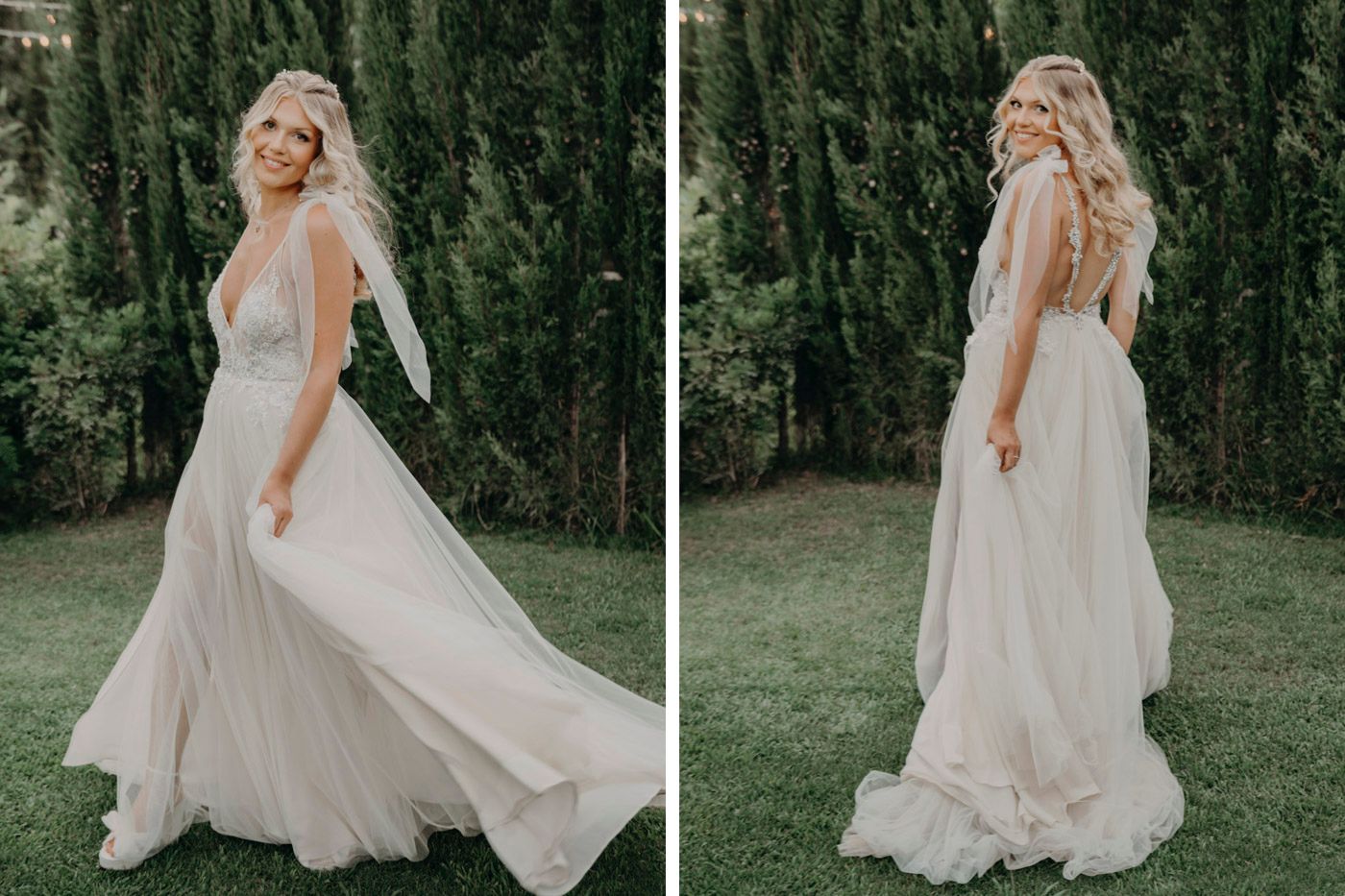 Flowy white wedding dress being twirled in garden setting with tall cypress trees in background.