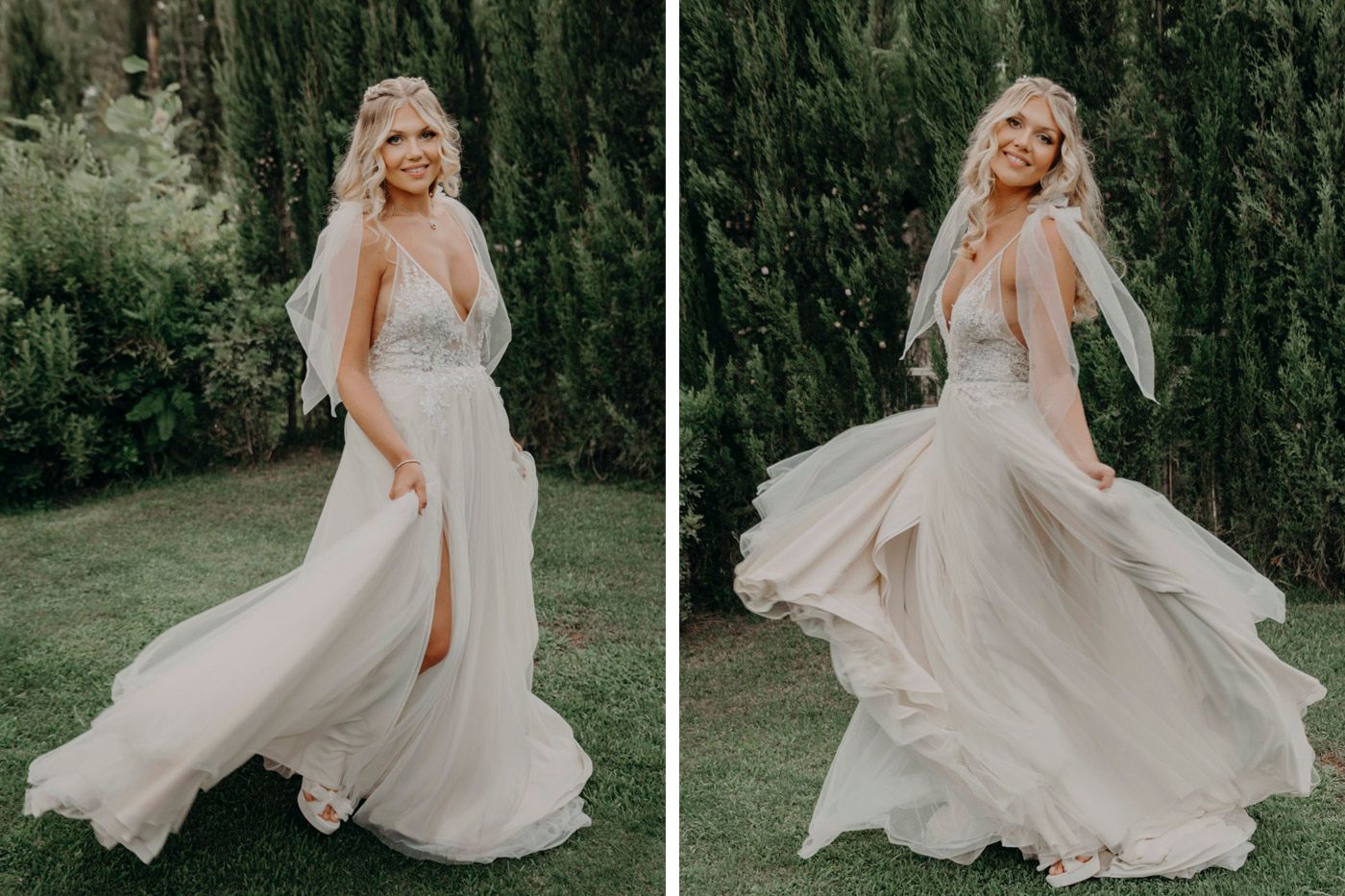 Ethereal bride in flowing white gown twirls gracefully against backdrop of tall cypress trees in garden setting.
