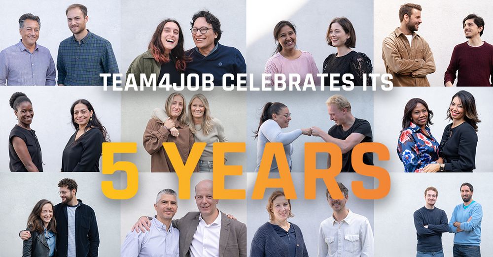 Business team celebrating 5 years milestone with banner and professional group photos.