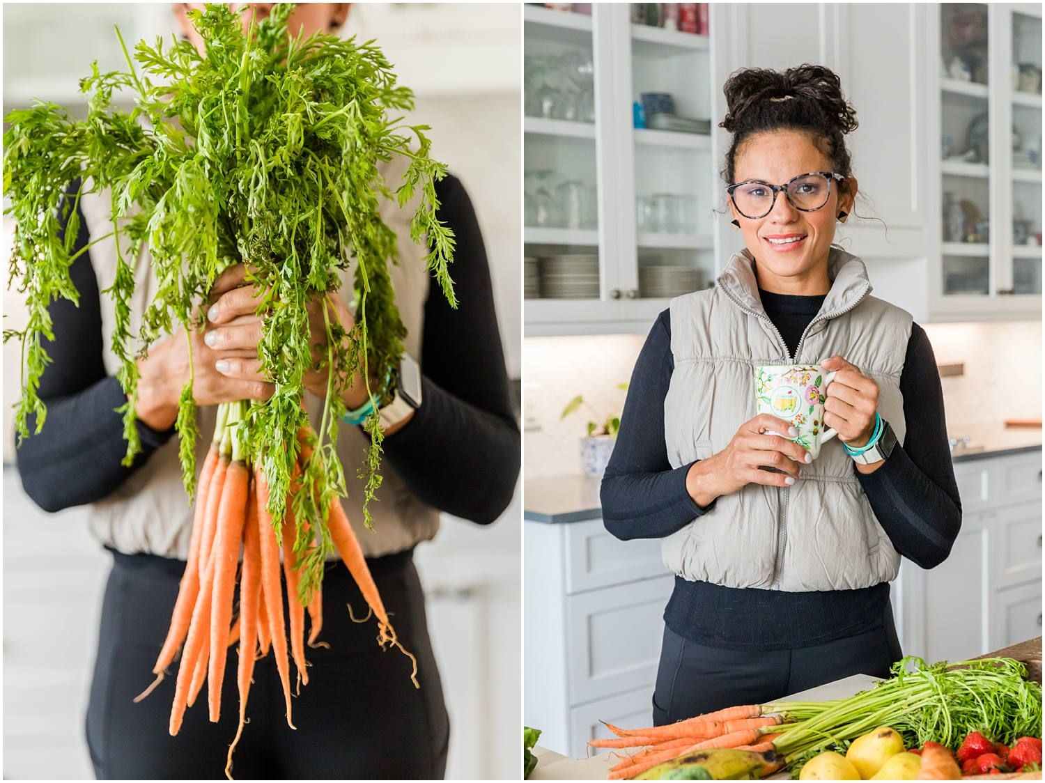 Woman holding fresh carrots and coffee mug