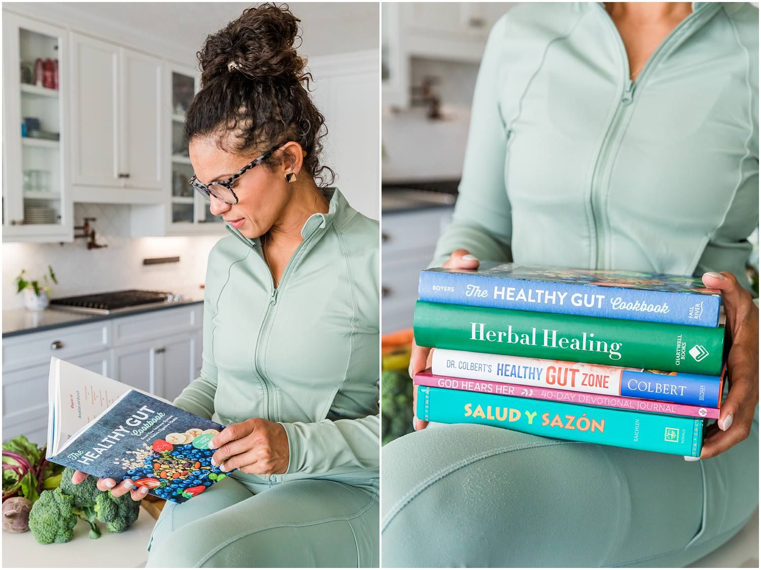 Woman reading and holding health books sitting on kitchen island