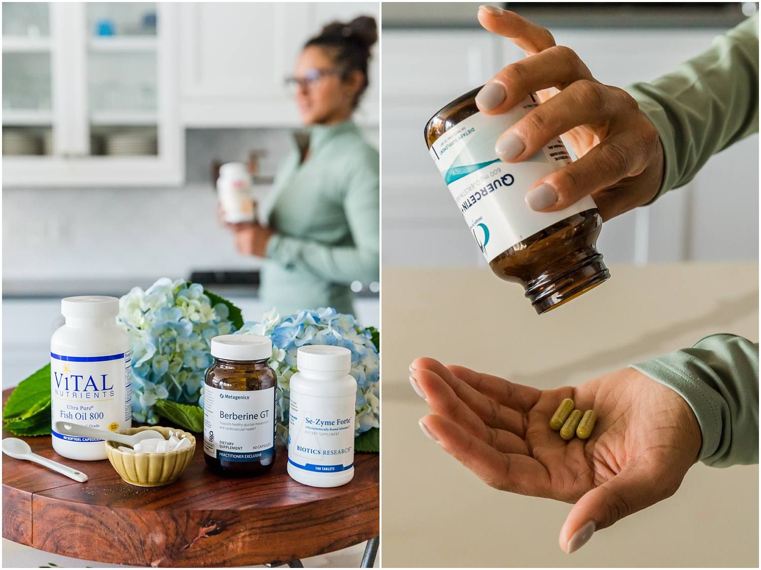 Woman posing in background with vitamin bottles and pills in hand