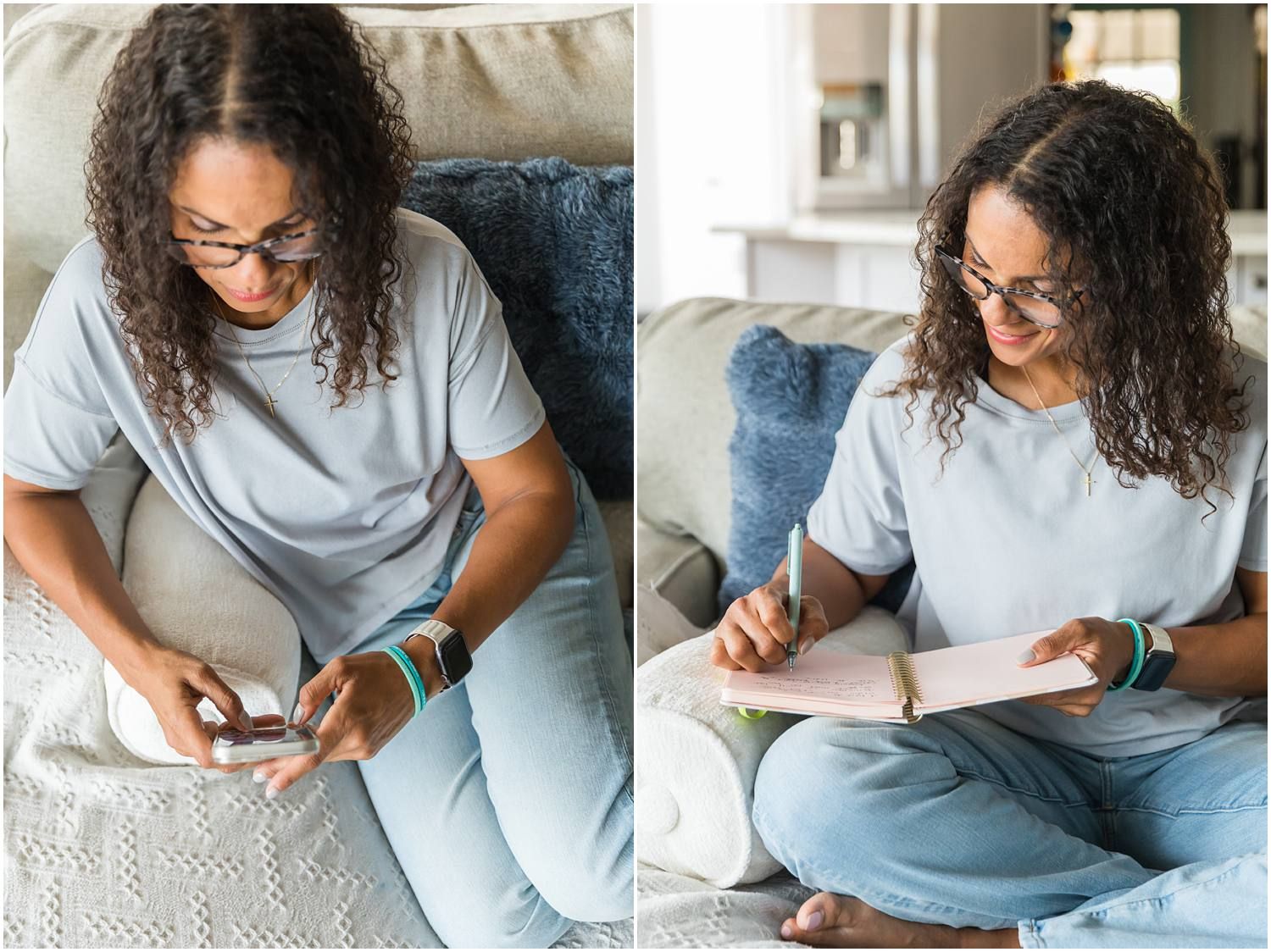 Woman sitting on couch working on phone and journaling