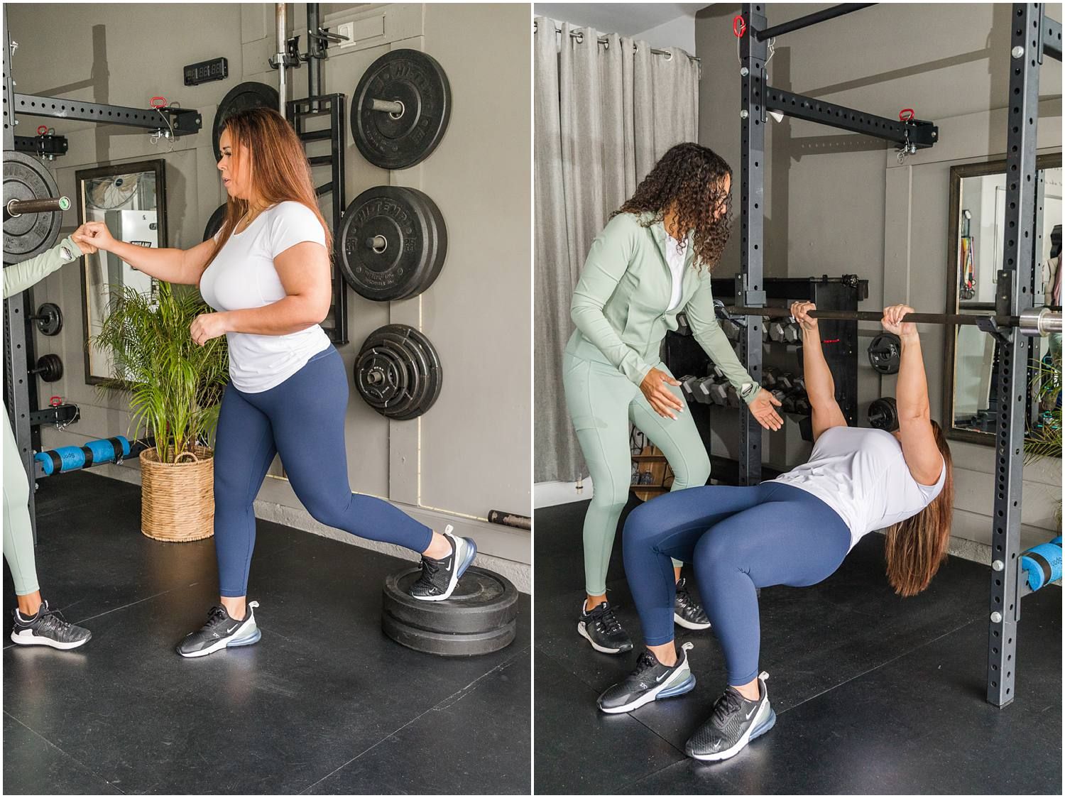 Fitness instructor helping female client with weights and exercises