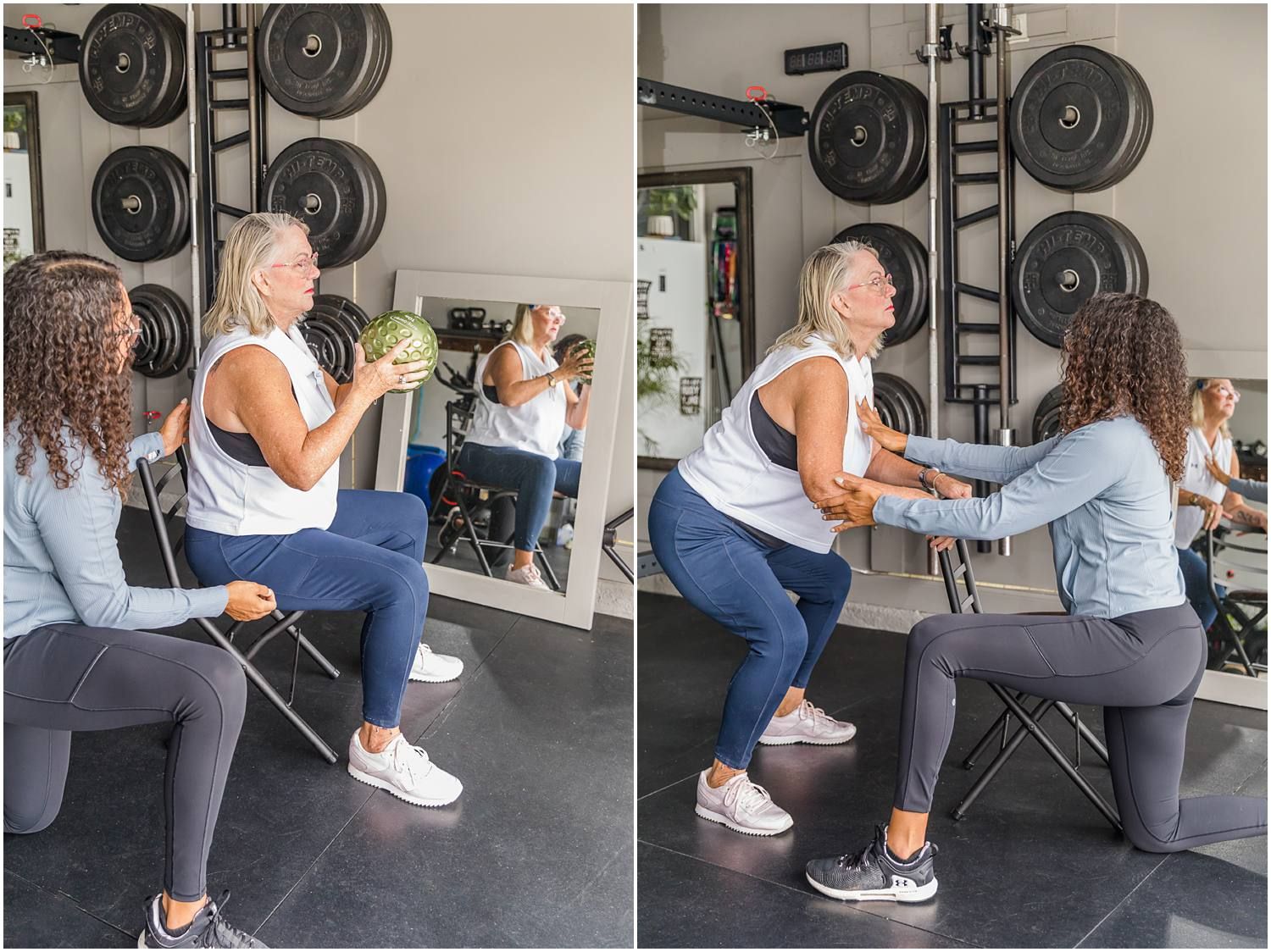 Fitness instructor helping elderly female with exercises