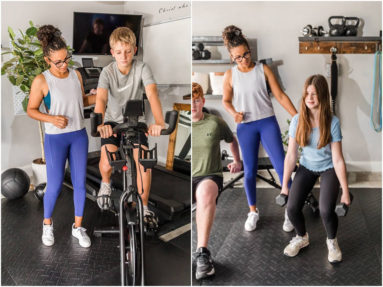 Fitness instructor helping teenagers with workout equipment