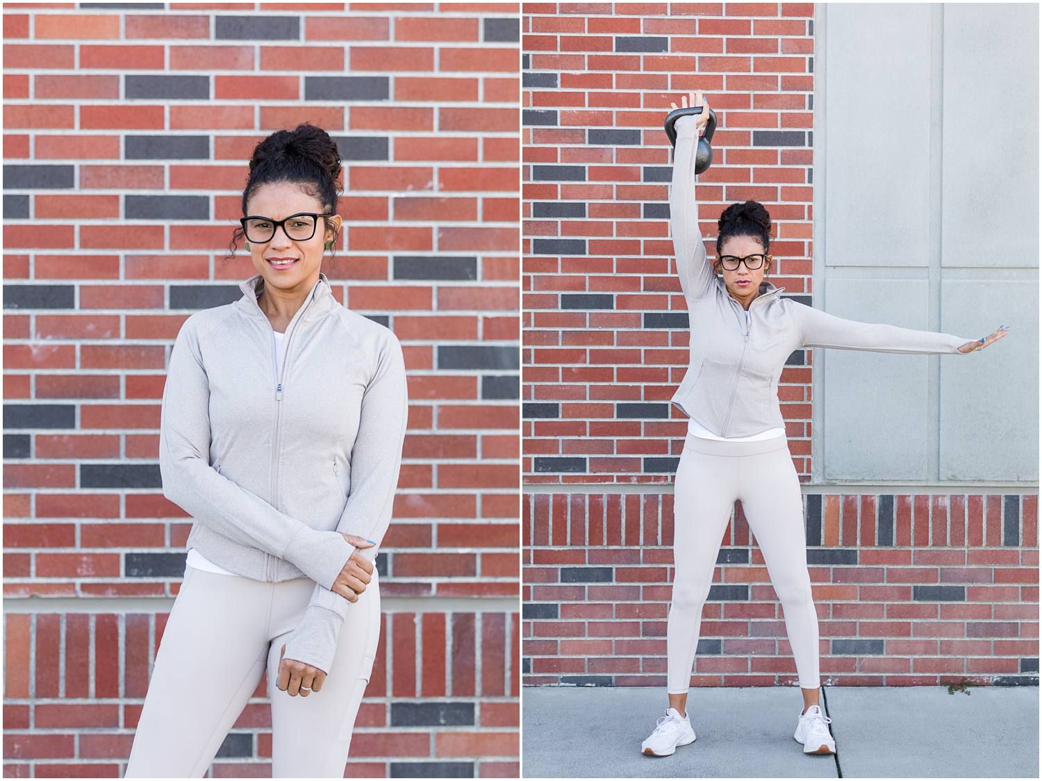 Woman posing and exercising in front of brick building