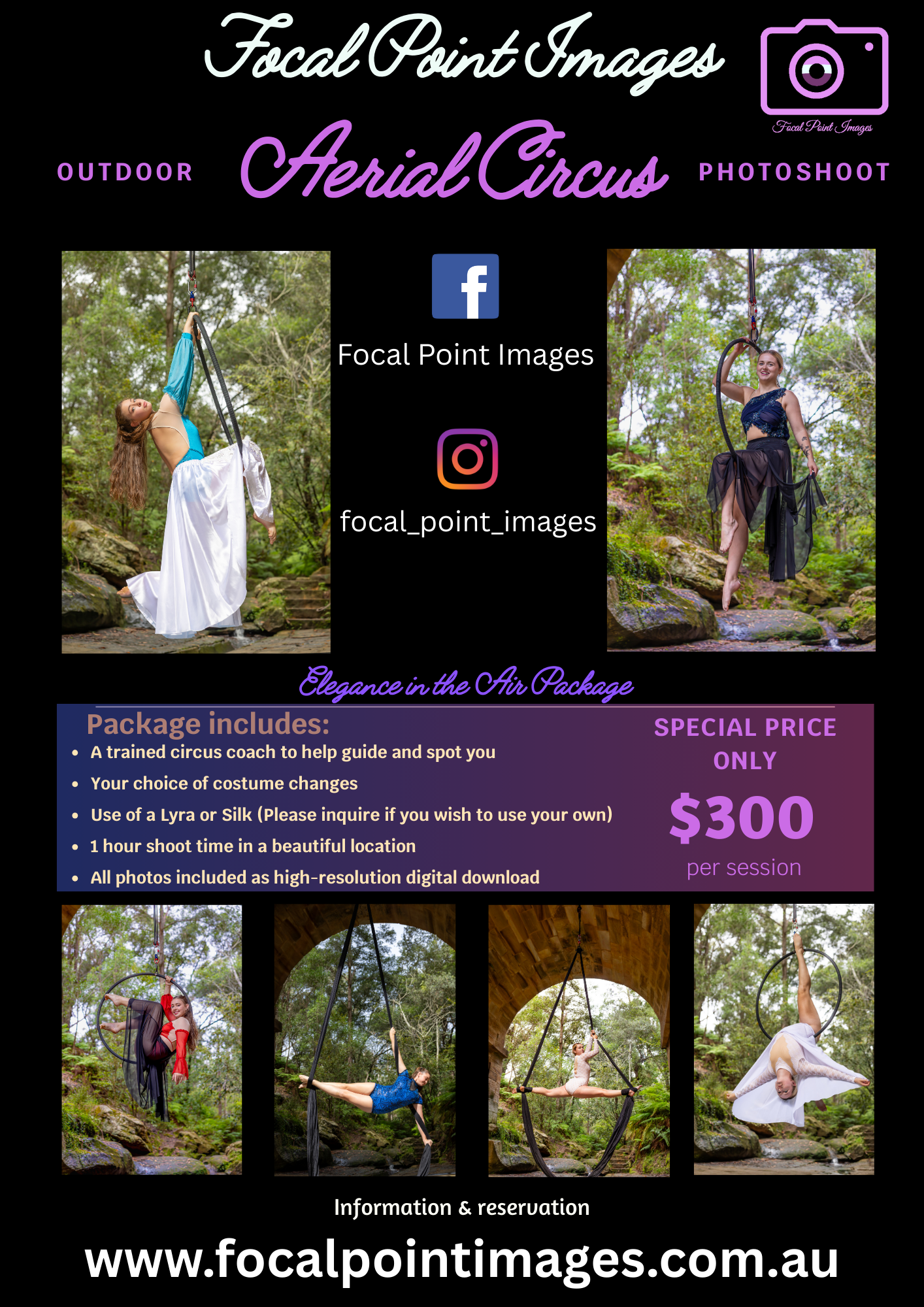 Aerial circus photography service advertisement showing performers gracefully posing with aerial silks in outdoor forest settings.