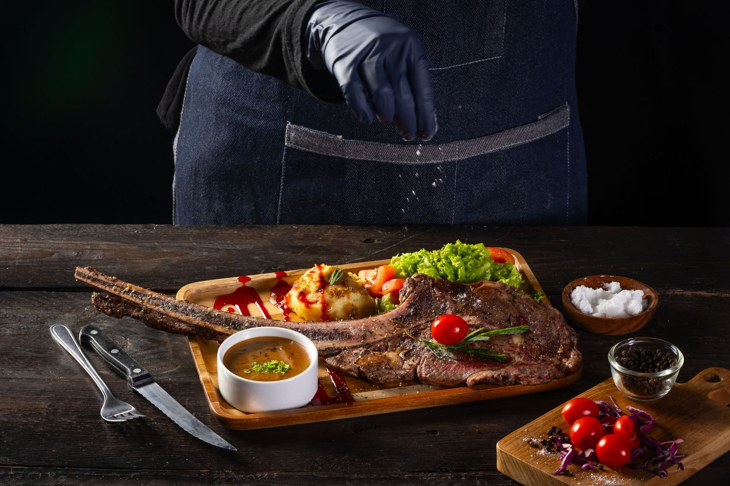 Grilled meats and sides arranged on rustic wooden boards with garnishes in moody lighting.
