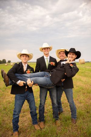 A playful sequence of cowboy-themed photos showing people in western attire posing and having fun in a grassy field.