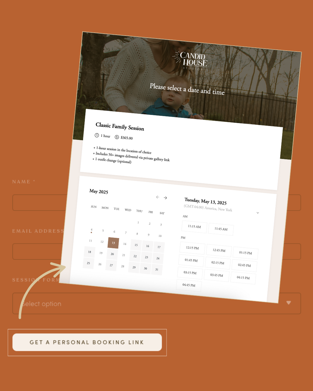 A calendar booking interface showing the month of May 2023 and event time slots with a personal booking link button below.