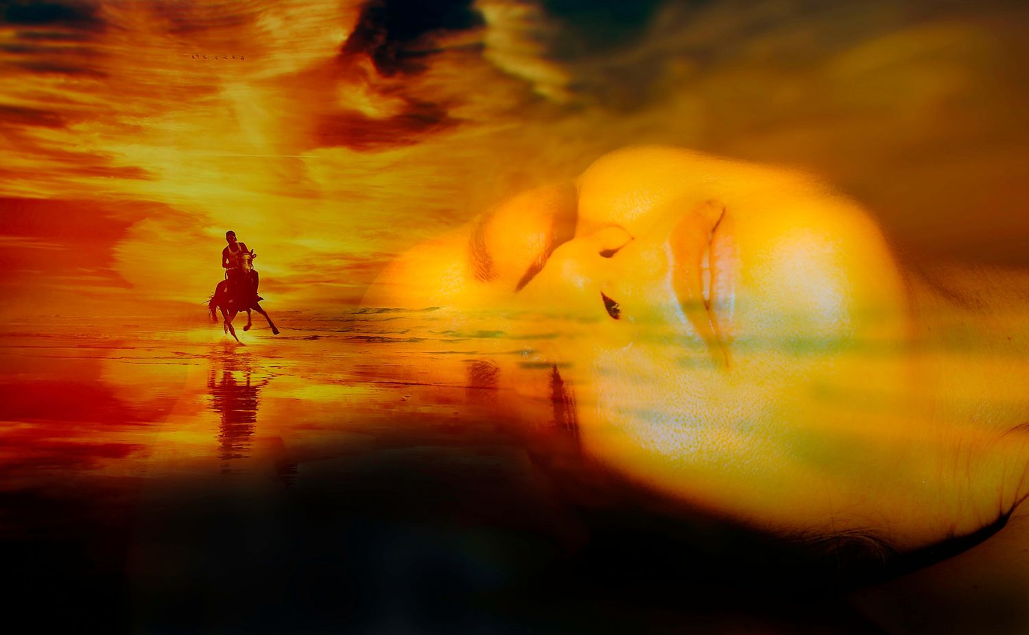 Silhouette of a horseback rider against a dramatic orange and yellow sunset sky.