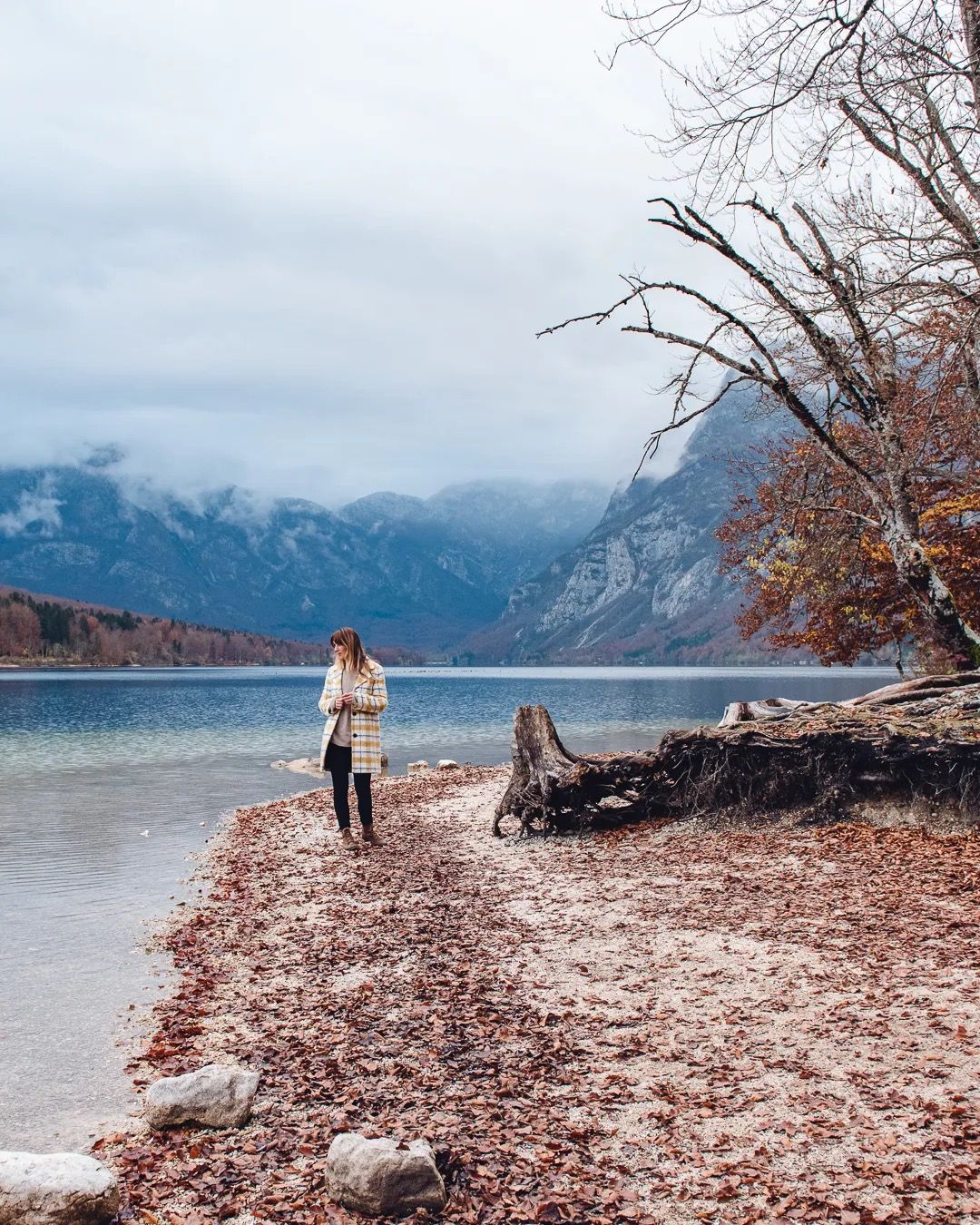 Woman walking along a quiet lakeshore with mountains and bare trees in the background.