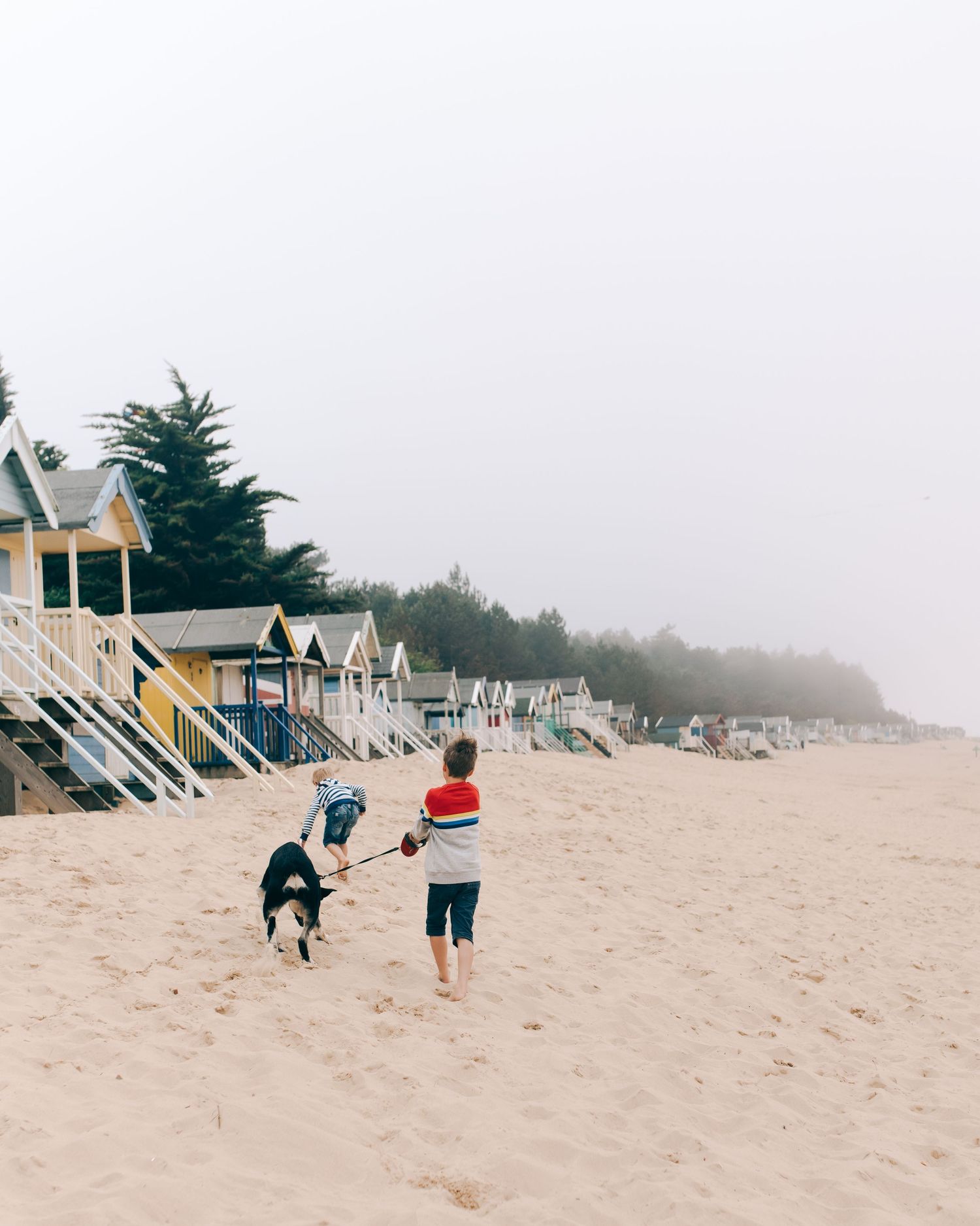 A series of beach houses line the misty coastline as people enjoy activities on the sandy shore.