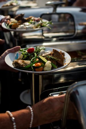 Catering staff serving plated meals with fresh vegetables and gourmet presentations.