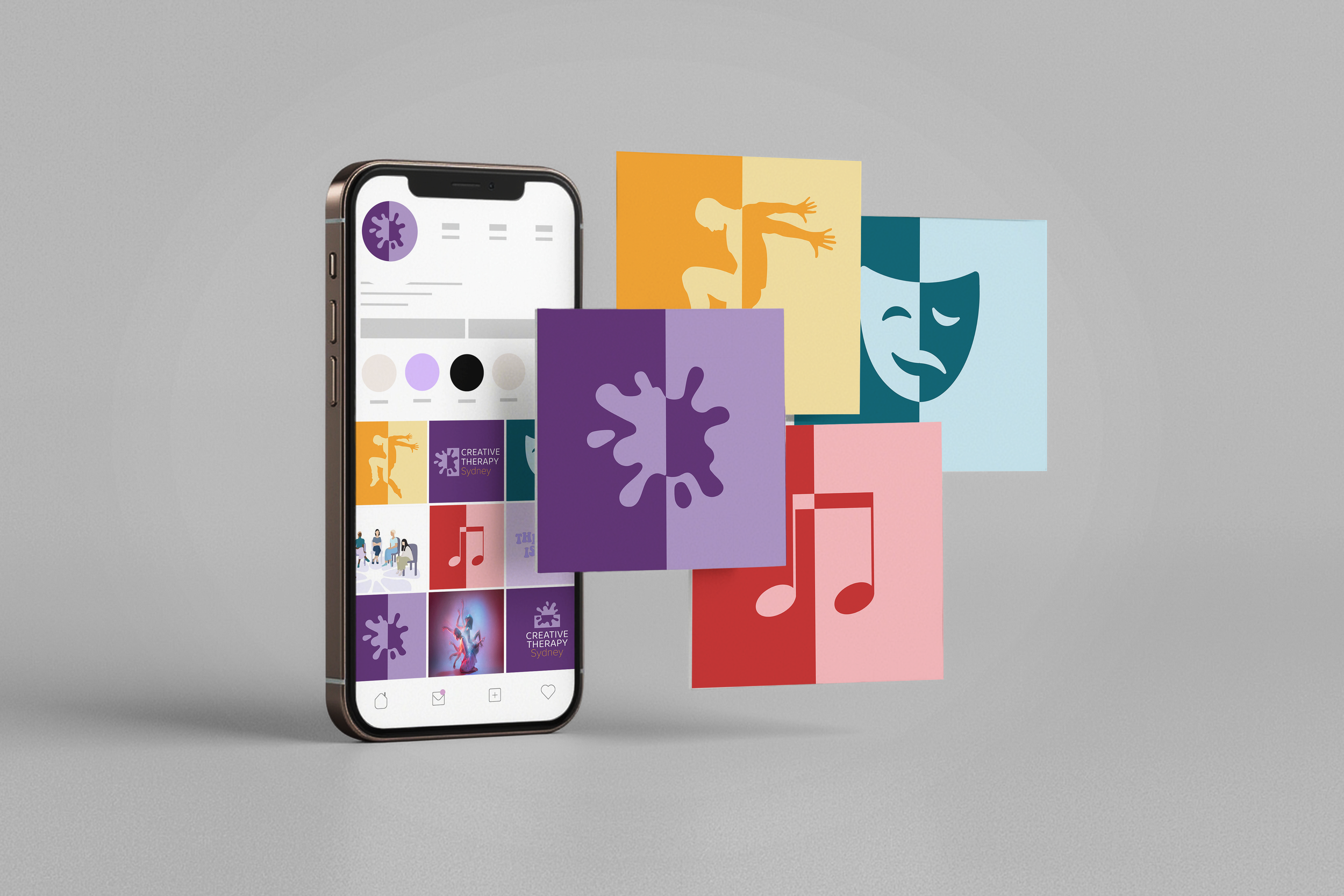 A mobile phone mockup displays colorful abstract app interface designs with geometric shapes and patterns.