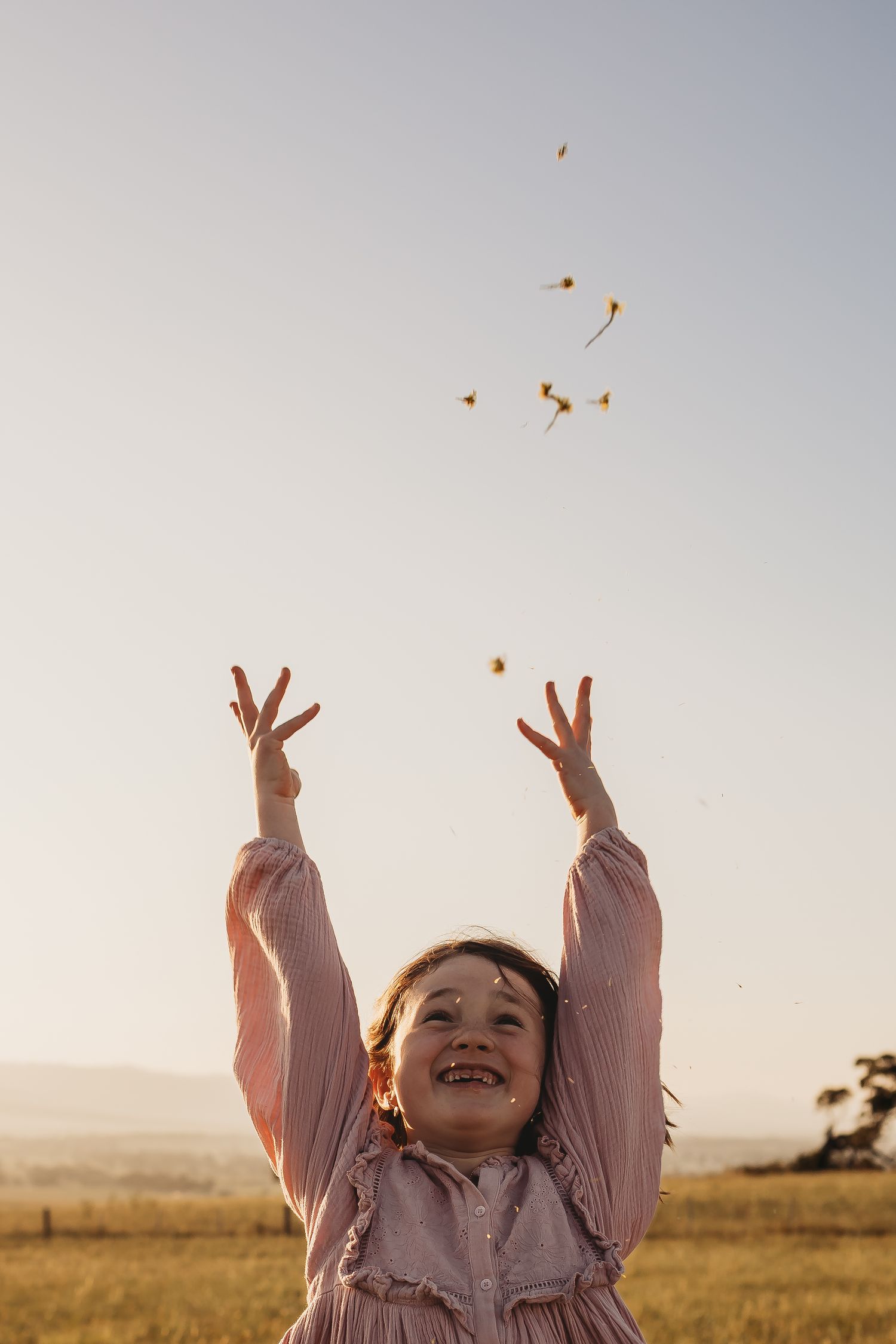 A child in a pink sweater throws autumn leaves in the air while standing in a golden field at sunset.