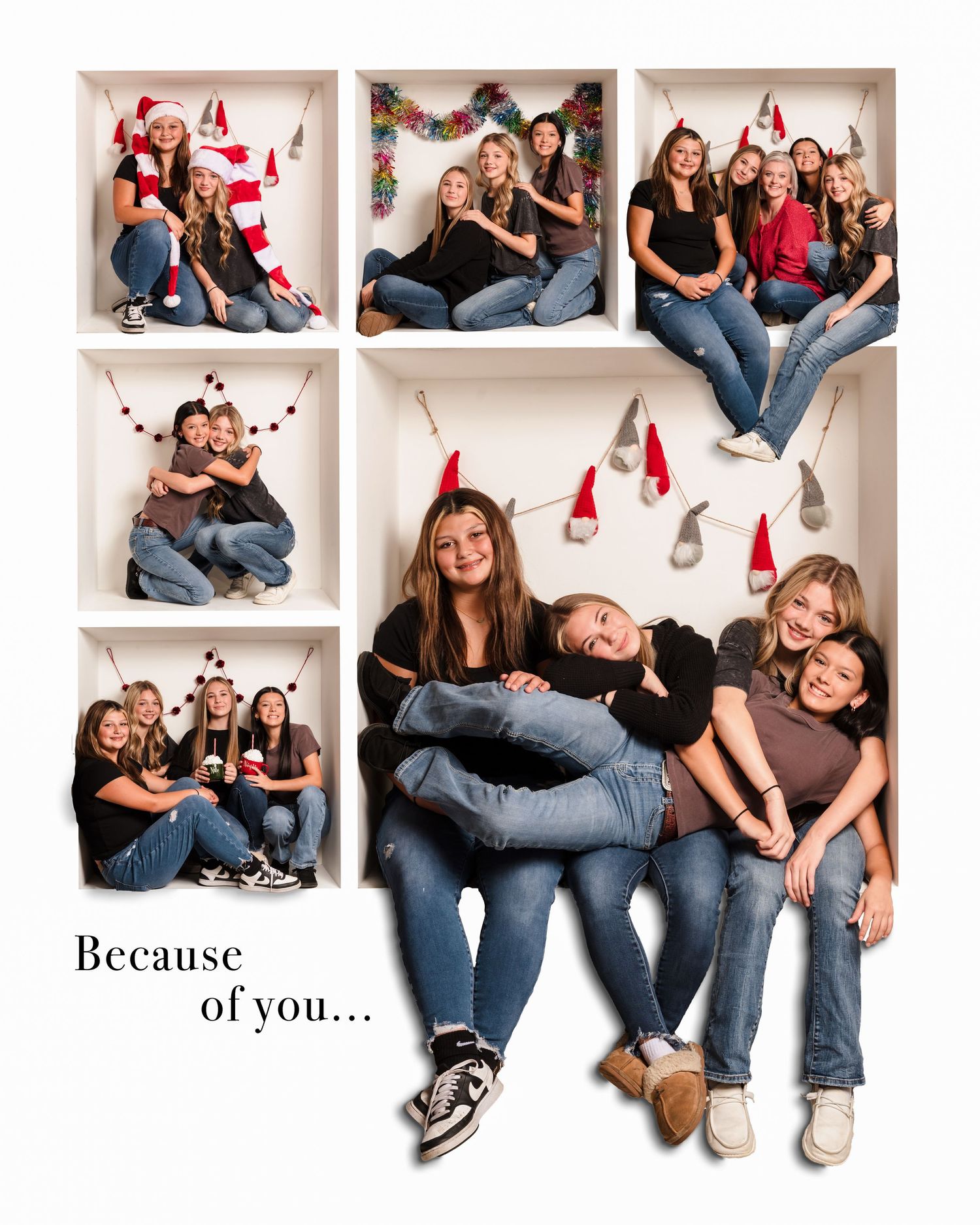 A playful holiday photo collage showing people in jeans sitting and posing with festive decorations and Santa hats.