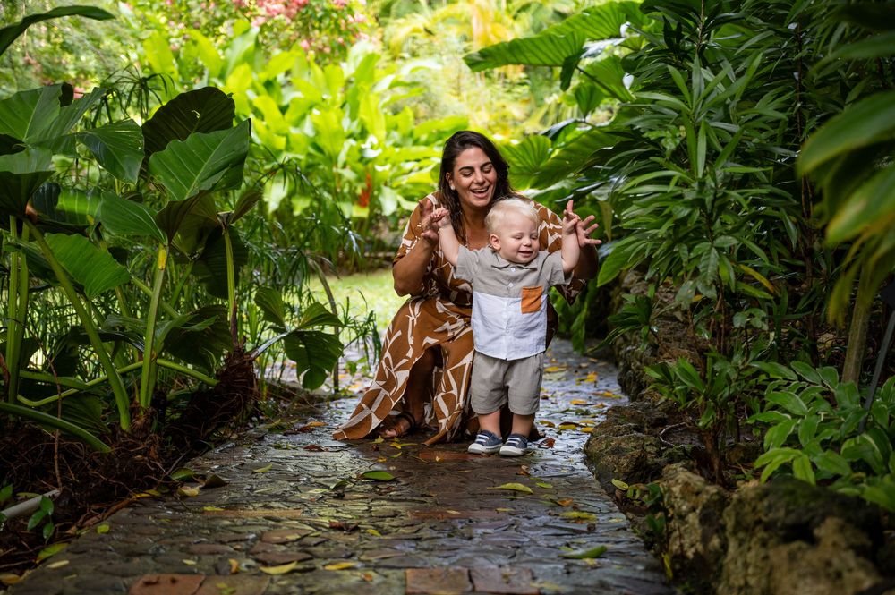 Family photograph in a lush garden in Barbados