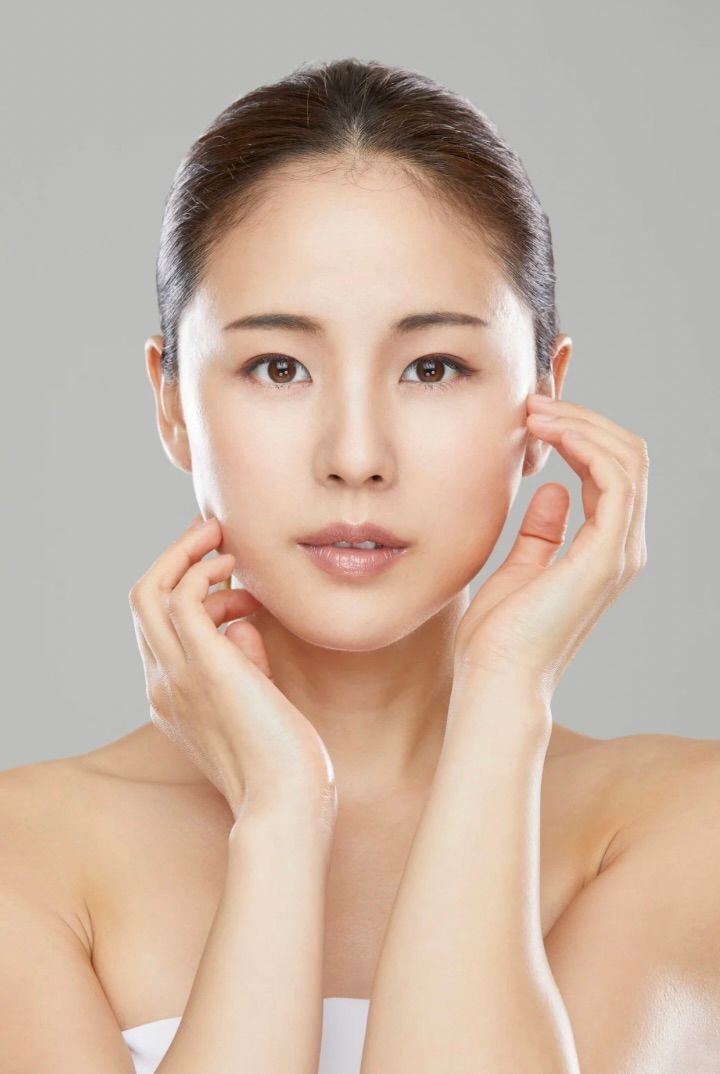 Progressive steps of facial massage techniques demonstrated on neutral background.