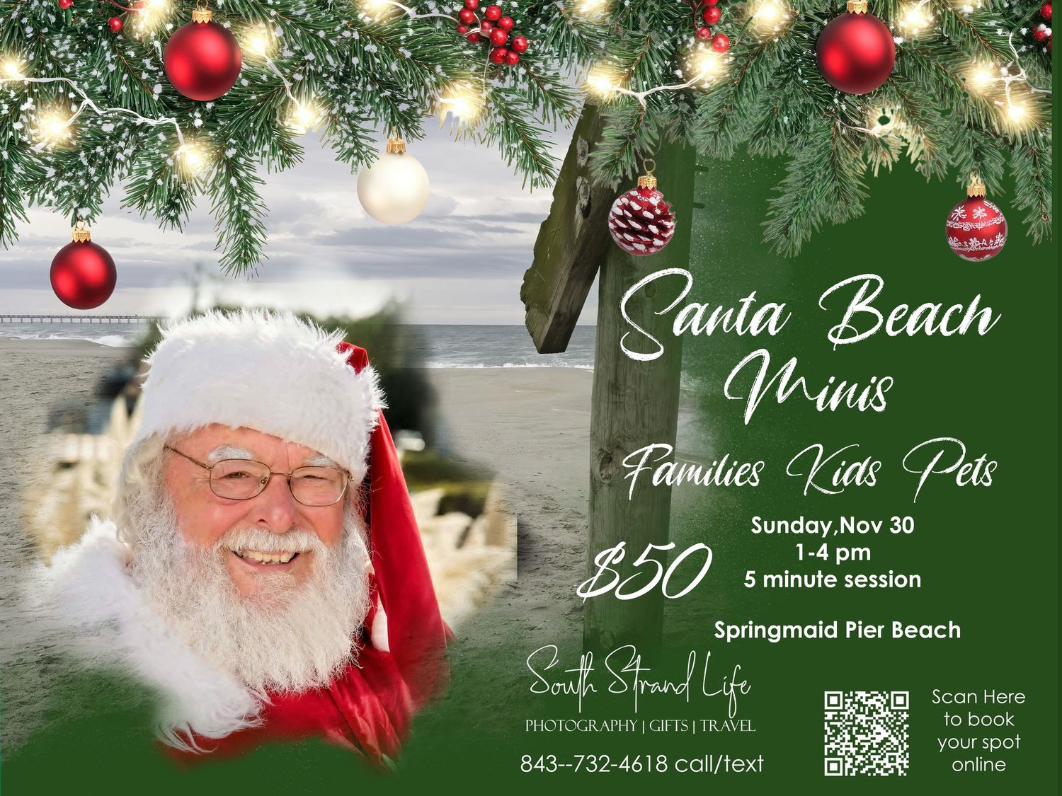 A collage of holiday event promotional images featuring Christmas decorations, ornaments, and festive beach scenes.