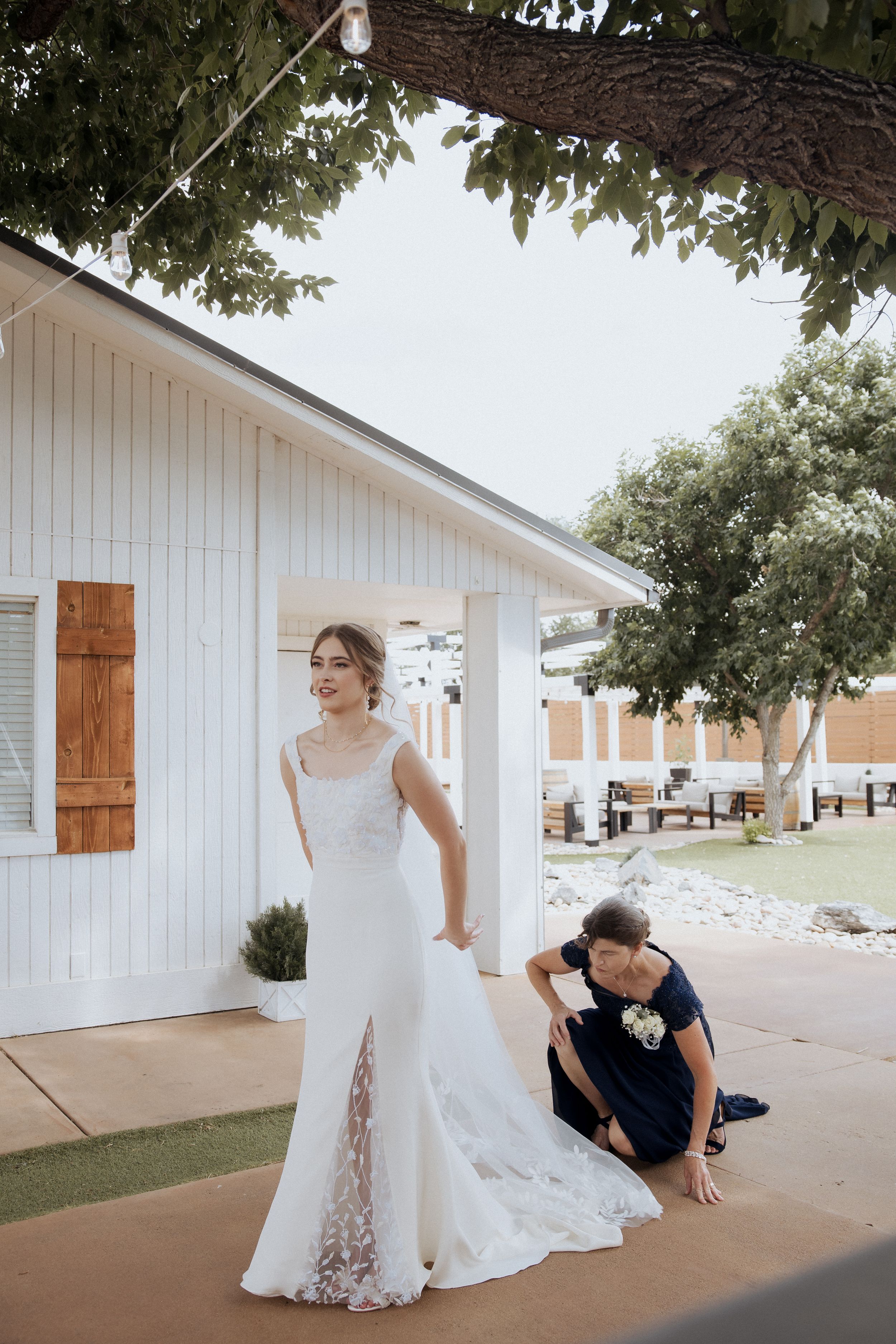 A sequence of playful moments captured on a white farmhouse porch with a wedding dress and joyful interactions.