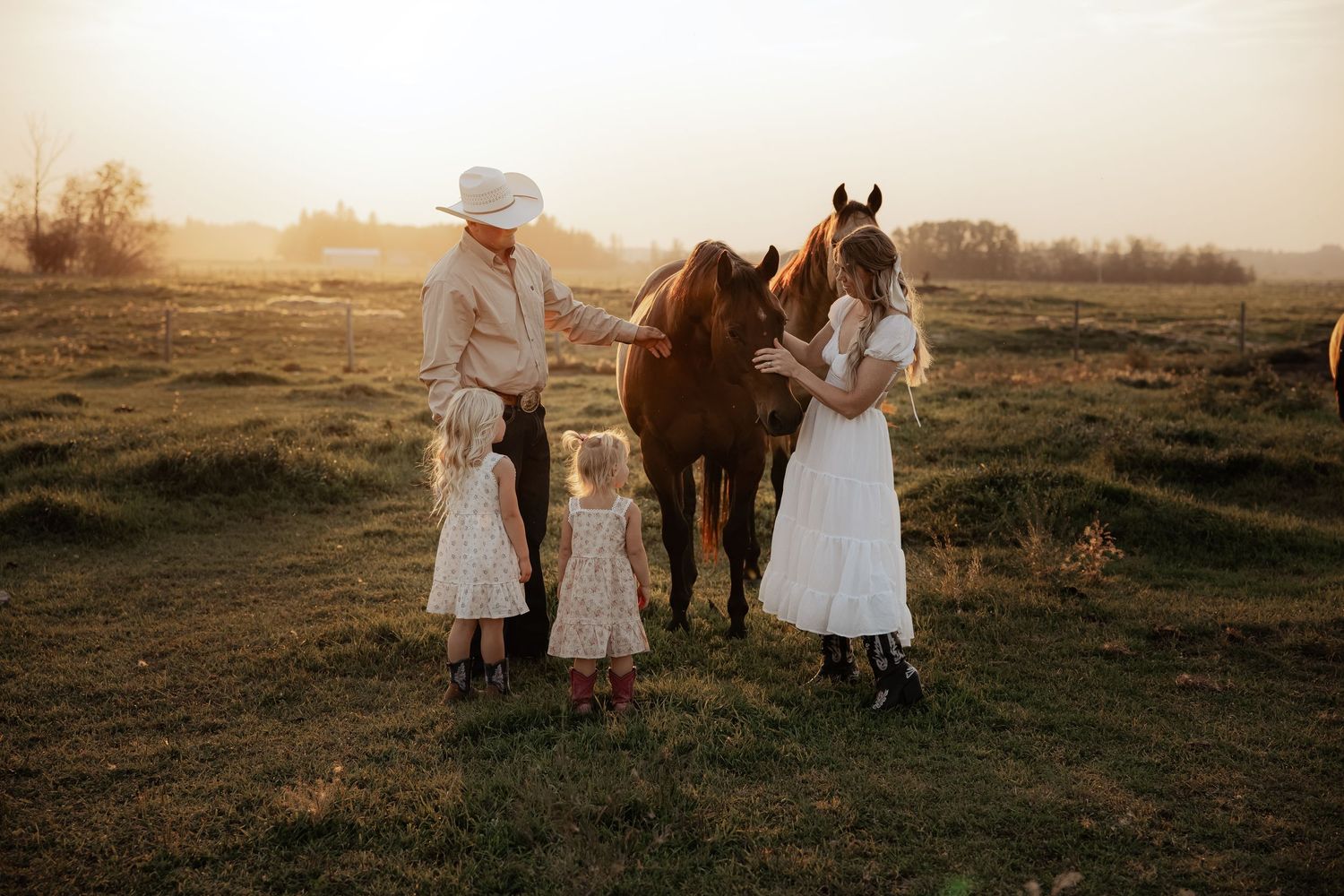 a family surrounded by their horses in a field of golden night in alberta for a stunning family photography shoot