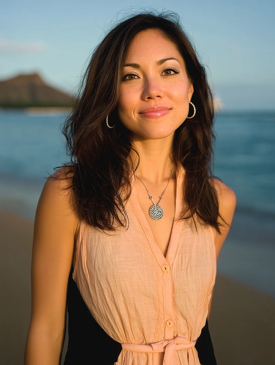 Woman in a peach-colored sleeveless dress smiles warmly during golden hour at a beach with ocean in background.