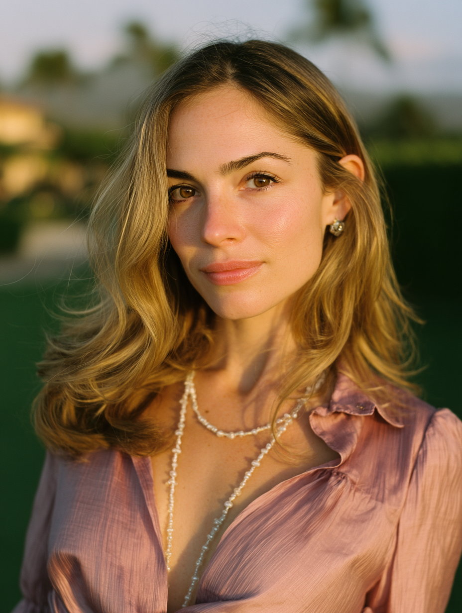 Portrait of a woman in a pink blouse with pearl necklace during golden hour outdoors.