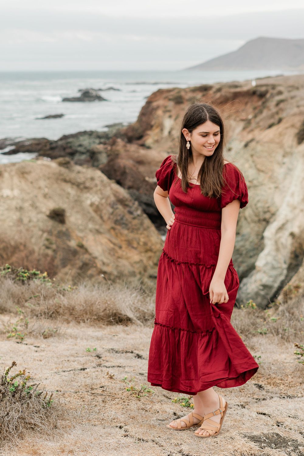 Senior session at coastal bluffs | red dress | Felisha Connolly Photography | Central Coast graduation photos