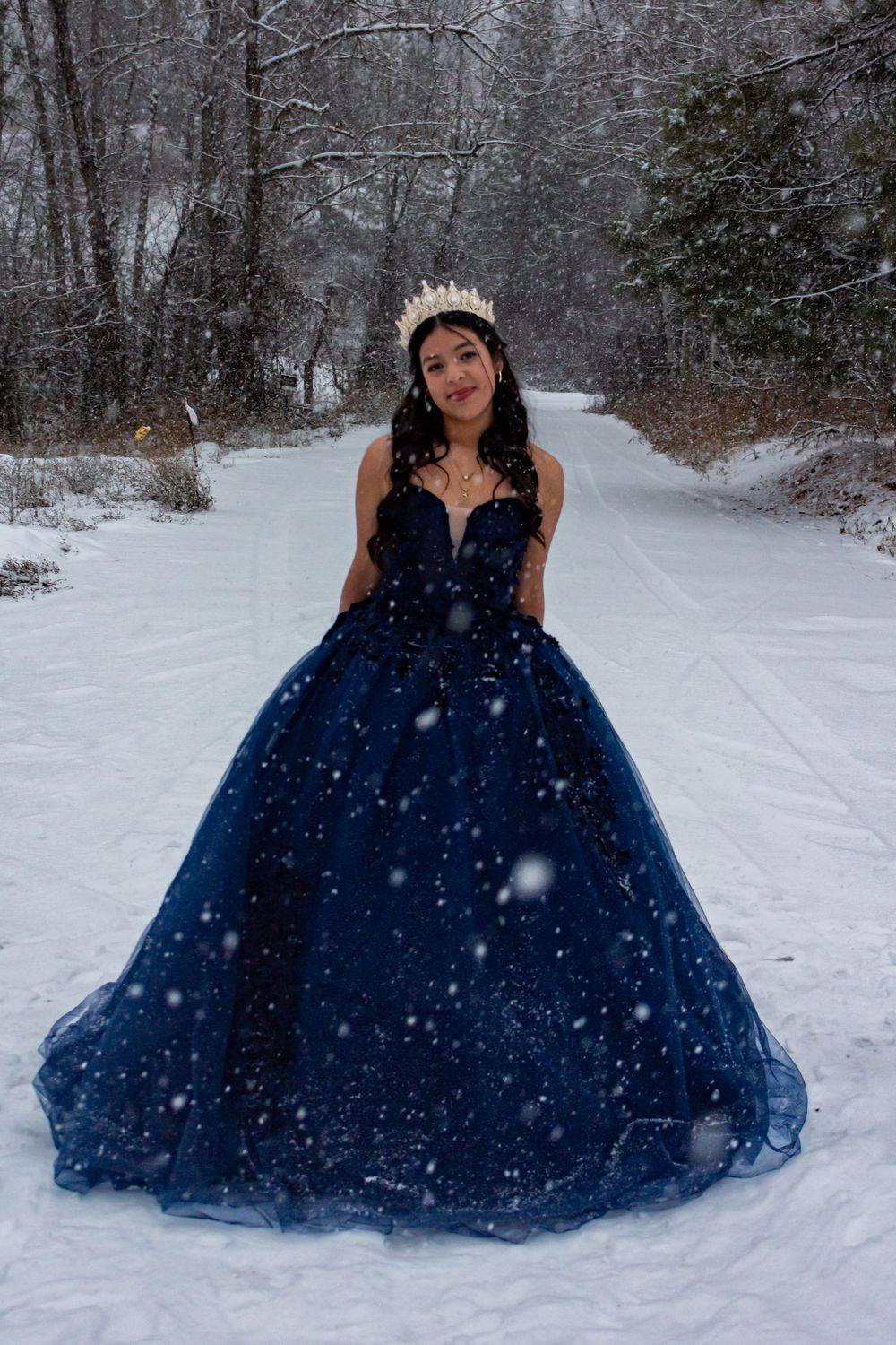 A stunning navy blue ball gown sparkles in the falling snow along a winter forest path with a delicate crown accessory.