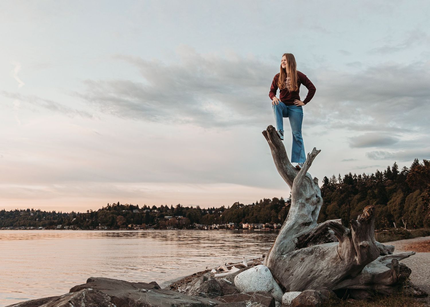A scenic lakeside view at sunset with a silhouetted figure standing atop a large piece of driftwood near the water.