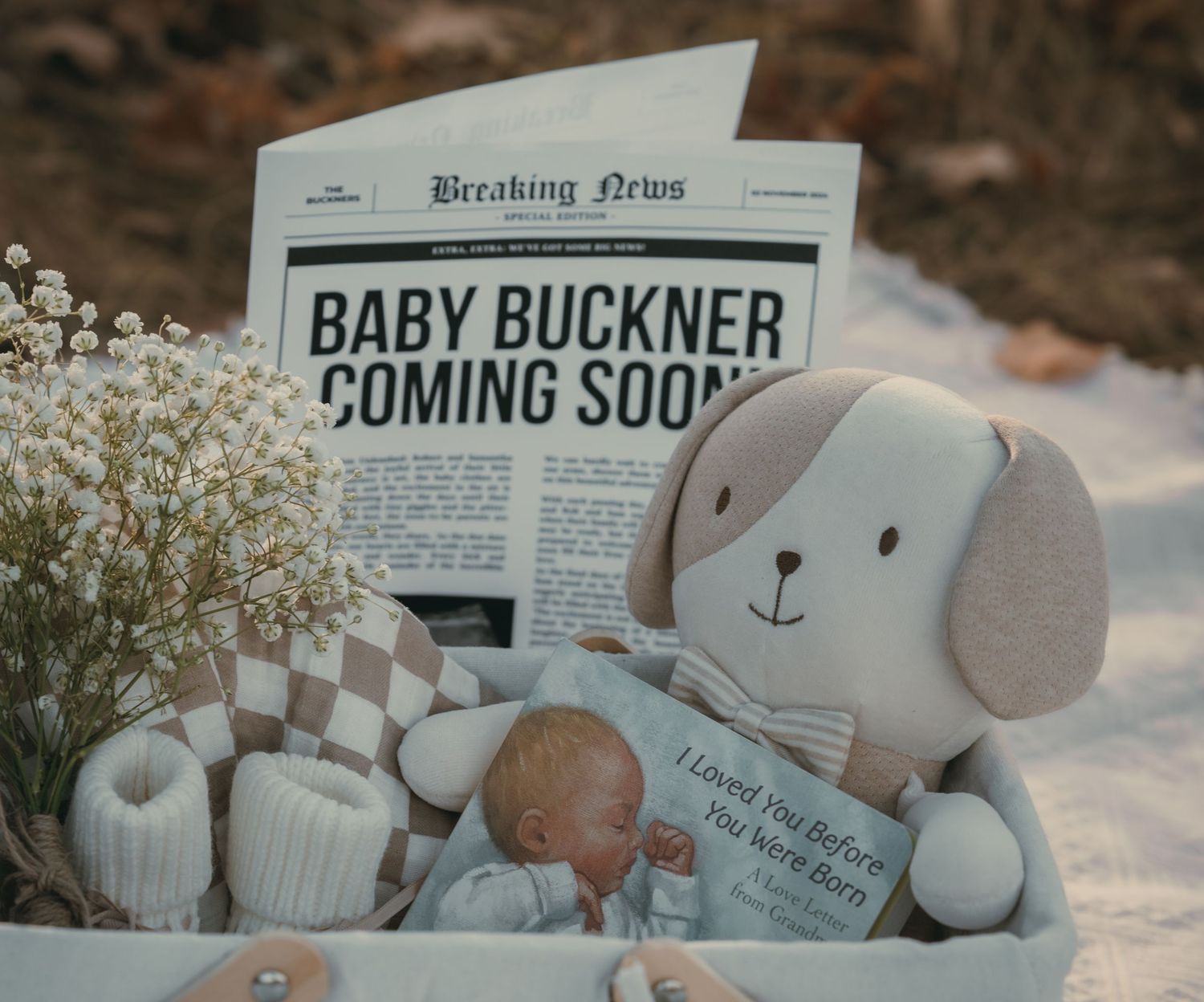 Plush puppy toy next to baby announcement newspaper and baby book with delicate white flowers on soft background.