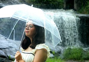 Someone holding clear umbrella near waterfall on rainy day.