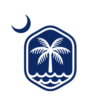 A minimalist logo featuring a white palm tree, crescent moon, and waves in a hexagonal navy blue badge design.