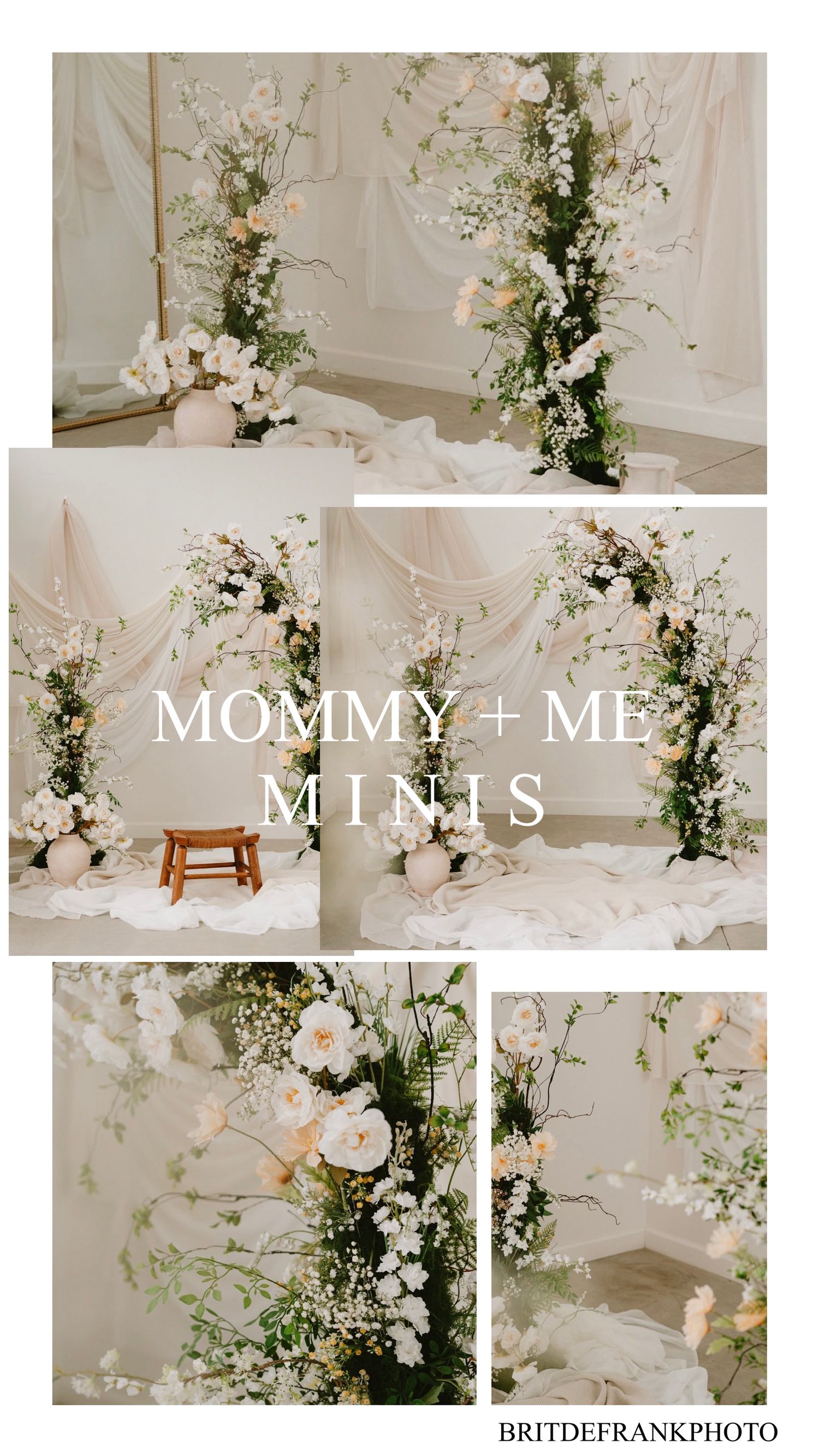 Elegant floral backdrop with white roses and greenery arrangements for a mommy and me mini photo session setup.