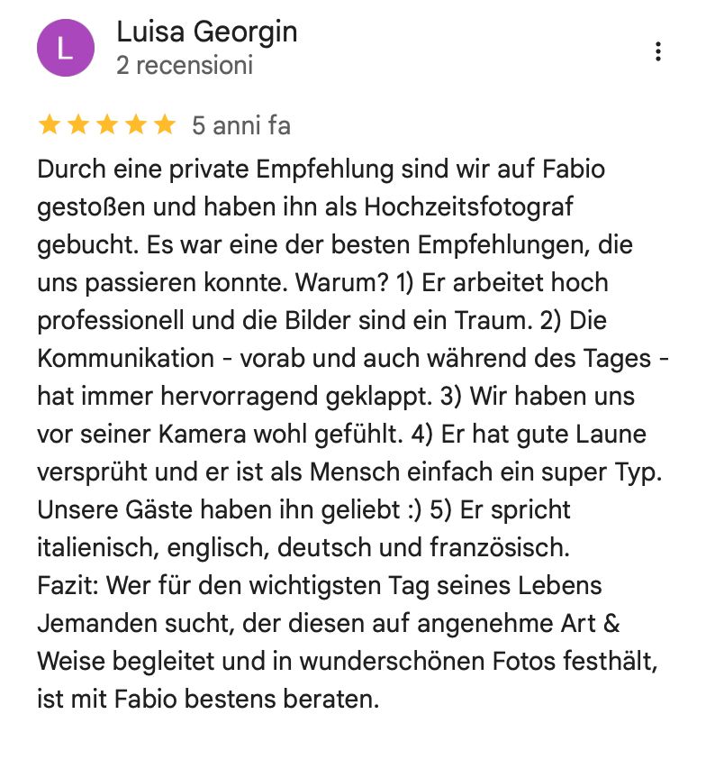Kundenstimme von Luisa Georgin: Fabio arbeitet hochprofessionell. Beste Kommunikation. Wir haben uns vor der Kamera sehr wohl gefühlt