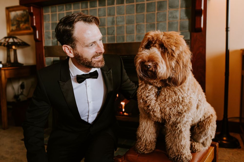 Groom in black tuxedo smiling at a fluffy golden doodle dog near a cozy fireplace.