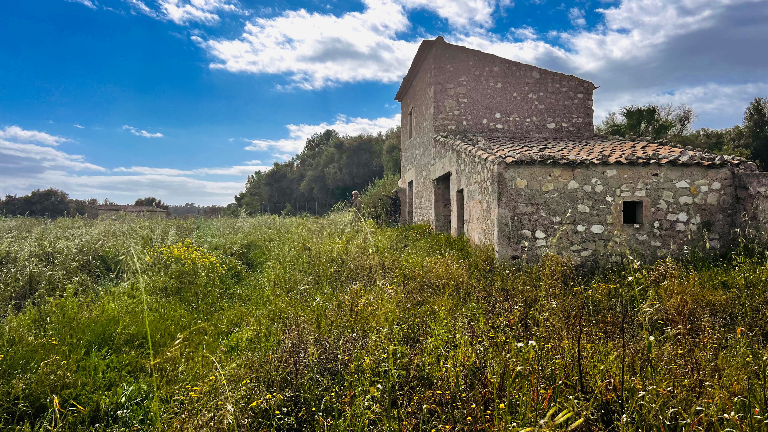 An old stone building stands amidst a lush green field under a blue sky with fluffy white clouds.