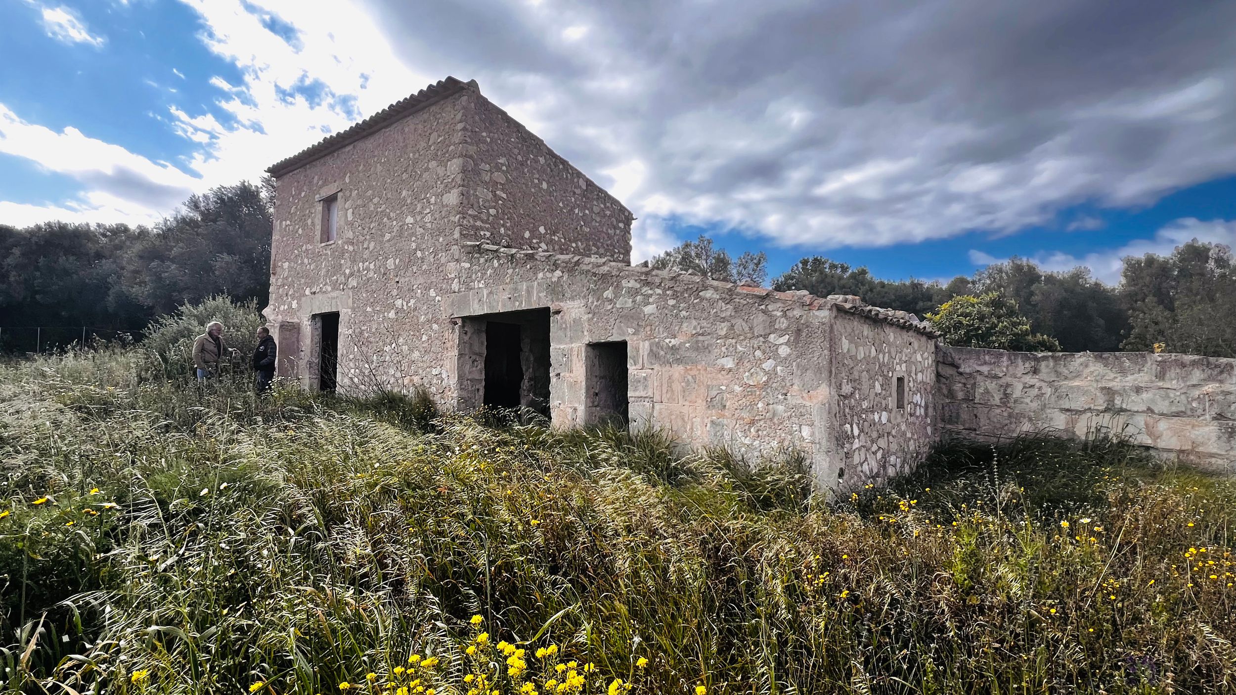 An old stone barn stands amidst overgrown vegetation in a rural landscape under a cloudy sky.