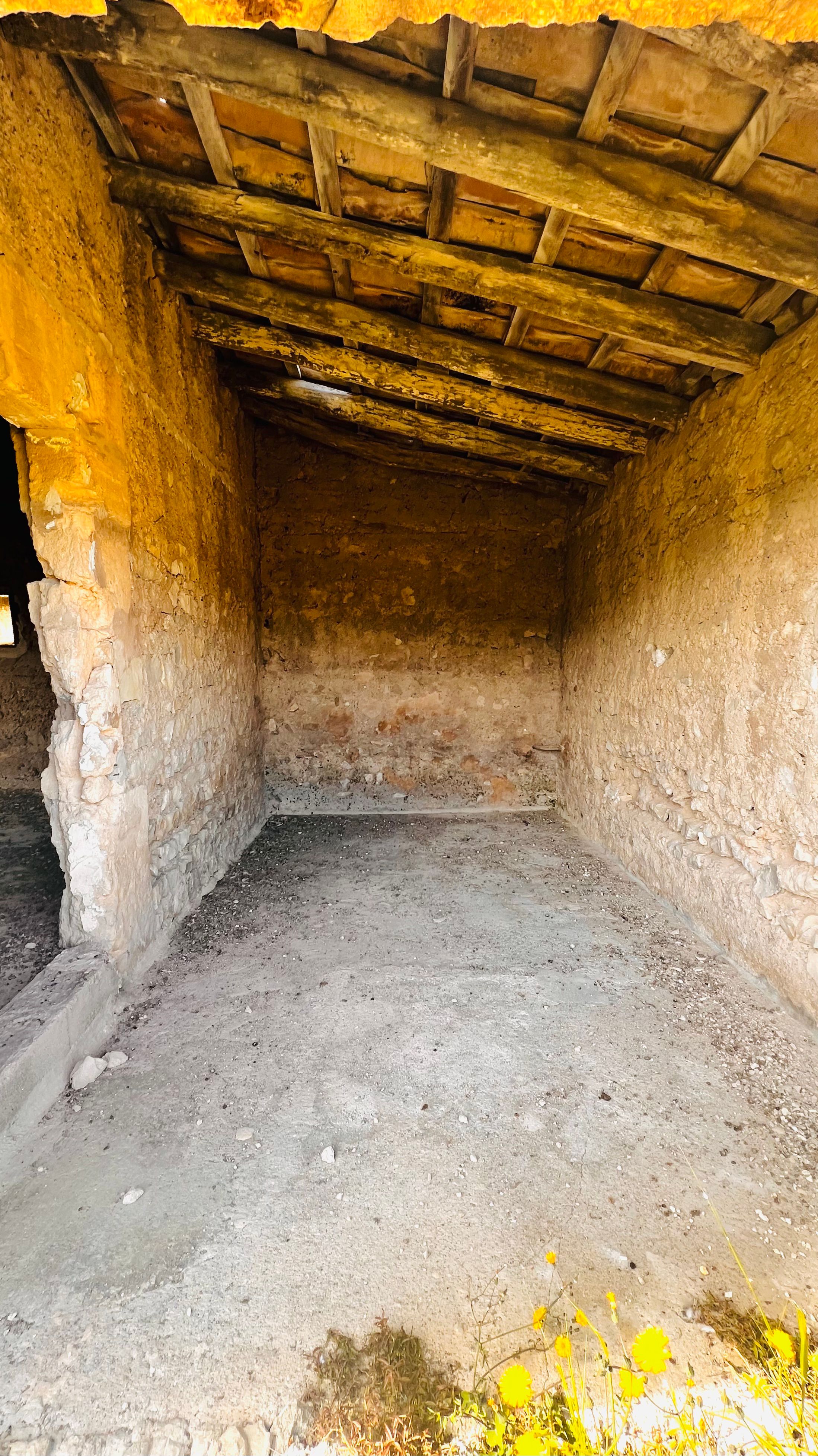 An old, wooden-beamed ceiling covers a dimly lit, earthen-floored interior space with crumbling walls.