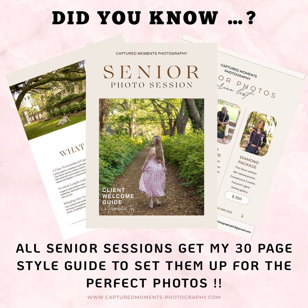 Marketing collage showing senior photography session information and style guide pages with outdoor photo examples.