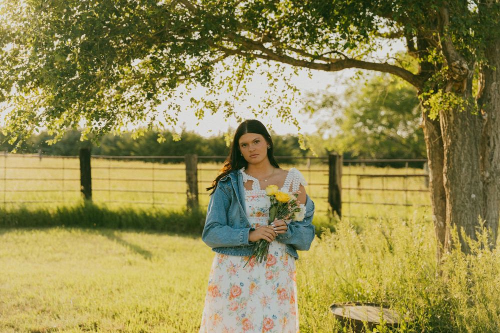 A person in a blue floral dress stands in a sunny meadow with trees and golden sunlight filtering through the branches.