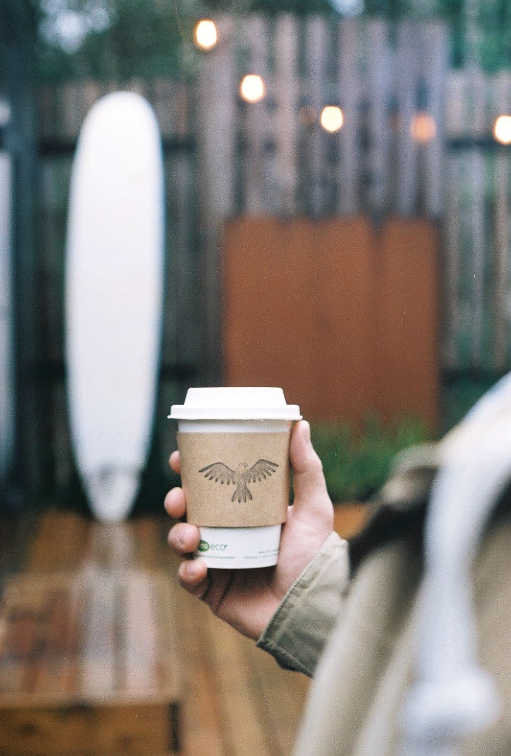 Hand holding a kraft paper coffee cup with bird logo, surfboard and string lights in background.