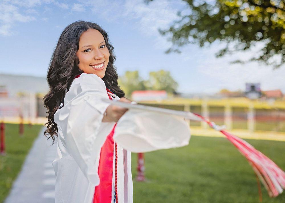 High school senior cap and gown at Fort Hill  School Cumberland Maryland by senior photographer Karen Morgan Photography