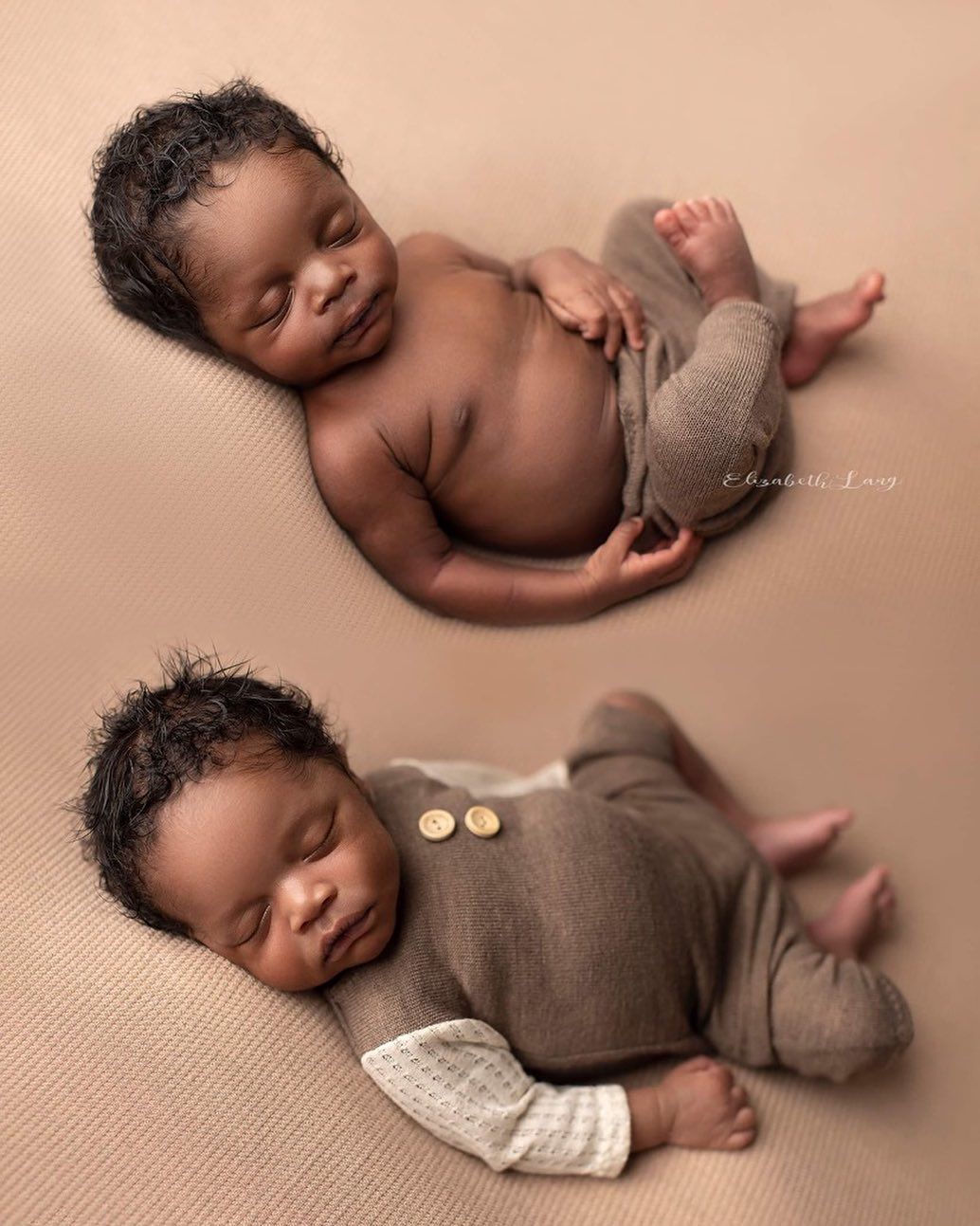 Newborn baby sleeping peacefully in two poses - one unclothed and one wearing a cozy gray romper on beige backdrop. Elizabeth Lang Photograp