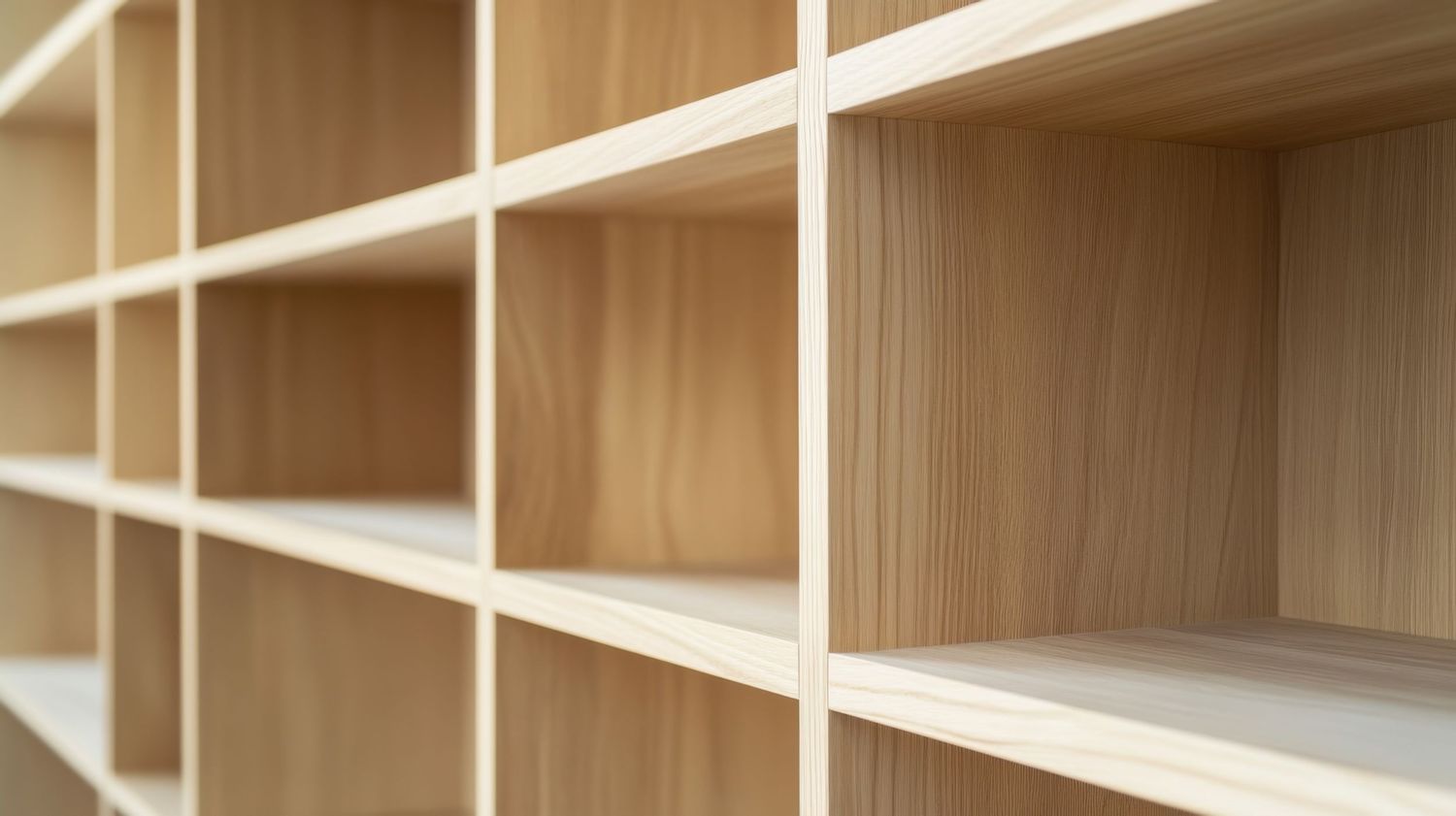 Modern wooden storage shelves with clean lines and evenly spaced dividers create an organized display space.
