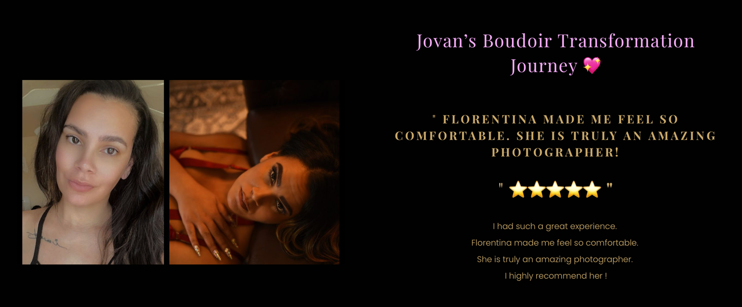 Side by side before and after boudoir photography transformation images showing pink hair and glamour styling.